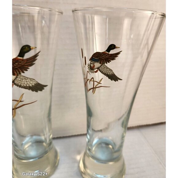 Set Of 4 Vintage Duck Design Pilsner Tall Beer Glasses Clear Barware Collectible - Picture 5 of 7